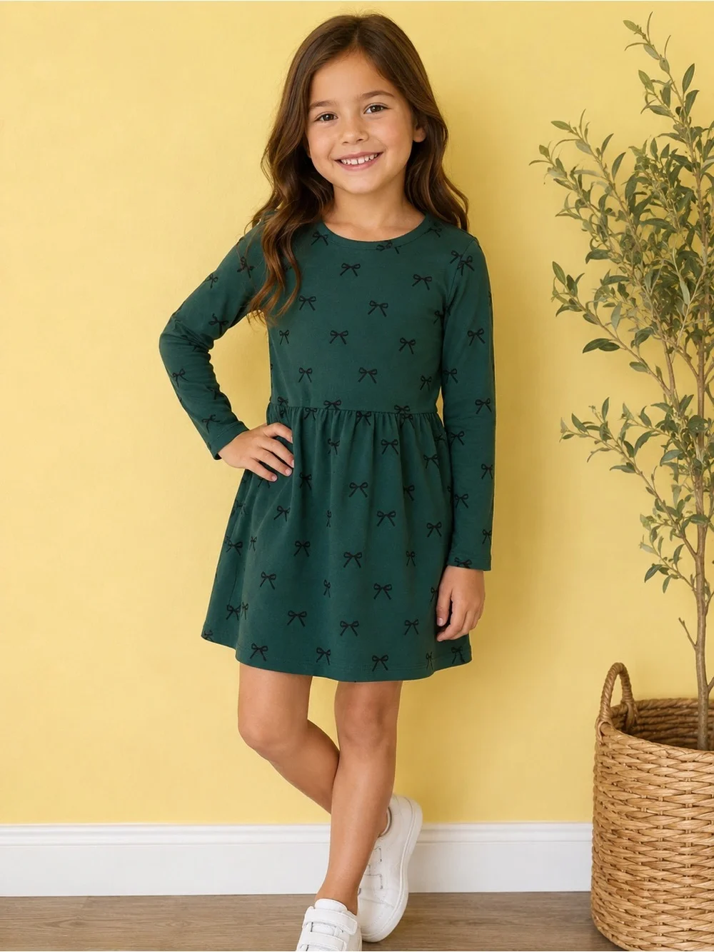 Cat & Jack Girl’s Forest Green Long Sleeve Bow Print Dress NWT 6/7